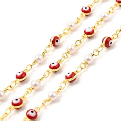 FireBrick Enamel Evil Eye Link Chains, with Imitation Pearl Beaded & Brass Findings, Soldered, Real 18K Gold Plated, with Spools, FireBrick, 4.5x9.5x4mm, 13x4mm