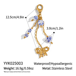 Bowknot Подвесные украшения из нержавеющей стали, с фарфоровыми круглыми бусинами и застежками-карабинами., золотые, бантом, 125 мм