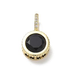 Black Brass Pave Cubic Zirconia Pendants, Flat Round Charms, Long-Lasting Plated, Rack Plating, Lead Free & Cadmium Free, Real 18K Gold Plated, Black, 21x12x7.8mm, Hole: 5x7mm