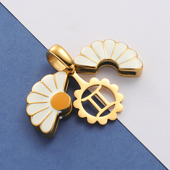Gemini Opened 304 Stainless Steel Pendants, with Enamel, Real 18K Gold Plated, Daisy with Twelve Constellation, Gemini, 36x25x6mm