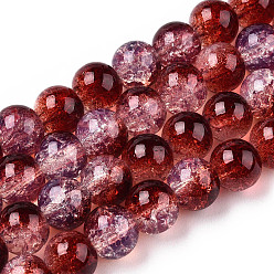 Dark Red Transparent Crackle Baking Painted Glass Beads Strands, Imitation Opalite, Round, Dark Red, 8.5x7.5mm, Hole: 1.5mm, about 107~109pcs/strand, 30.71 inch~31.30 inch(78~79.5cm)