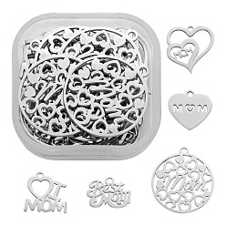 Stainless Steel Color 30Pcs 5 Style Mother's Day Theme, 304 Stainless Steel Pendants, Phrase Best Mom & Heart & Word & Flat Round, Stainless Steel Color, 10~22x13~20x1~1.1mm, Hole: 1.2~1.5mm, 6pcs/style