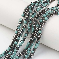 Teal Electroplate Opaque Glass Beads Strands, Half Black Plated, Faceted, Rondelle, Teal, 8x6mm, Hole: 1mm, about 65~68pcs/strand, 15.7~16.1 inch(40~41cm)