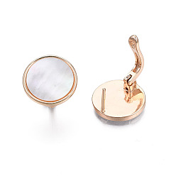 Creamy White Brass Hoop Earring Findings with Latch Back Closure, with Natural Shell and Vertical Loops, Golden, Cadmium Free & Nickel Free & Lead Free, Flat Round, Creamy White, 16mm, Hole: 1.4mm, Pin: 0.8mm