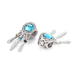 Sky Blue Rack Plating Alloy European Dangle Charms, with Resin and Rhinestone, Large Hole Beads, Cadmium Free & Nickel Free & Lead Free, Woven Net/Web with Feather, Platinum, Sky Blue, 20x11x11mm, Hole: 5mm