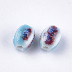 Light Sky Blue Handmade Porcelain Beads, Fancy Antique Glazed Porcelain, Oval, Light Sky Blue, 12~14x9~10.5x9~11mm, Hole: 2.5mm