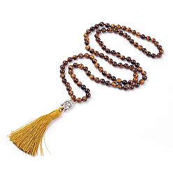Tiger Eye Tassel Pendant Necklaces, with Natural Tiger Eye Beads, Buddha Head, 31.1 inch~33 inch(79~84cm)
