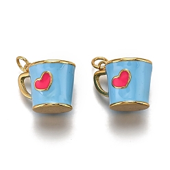 Light Sky Blue Brass Pendants, with Enamel and Jump Rings, Cup with Heart Pattern, Real 18K Gold Plated, Light Sky Blue, 14.5x17x13mm, Hole: 3mm