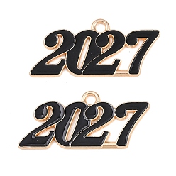 Черный Подвески из эмали и сплава, число 2027 прелести, золотые, чёрные, 18x38x1.5 мм, отверстие : 2.5 мм