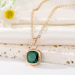 Green square necklace Stylish Crystal Geometric Necklace with Square Diamonds and French Gold Trim