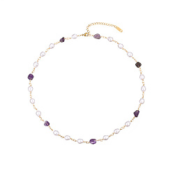 Amethyst Stainless Steel Link Chain Necklaces for Women, with Natural Pearl and Natural Amethyst Chip Beads, Golden, 16.93 inch(43cm)