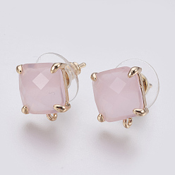 Pearl Pink Faceted Glass Stud Earring Findings, with Loop, Light Gold Plated Brass Findings, Square, Pearl Pink, 11x10x5mm, Hole: 1mm, Pin: 0.8mm