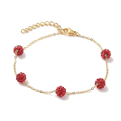 Red 6mm Round Polymer Clay Rhinestone Link Bracelets, 304 Stainless Steel Cable Chain Bracelets for Women, Real 24K Gold Plated, Red, 7-1/4 inch(18.5cm), Bead: 6mm