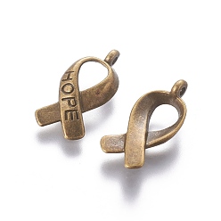 Antique Bronze Breast Cancer Awareness Ribbon Carved Word Hope Tibetan Style Alloy Message Pendants, Cadmium Free & Nickel Free & Lead Free, Antique Bronze, 17x8x3mm, Hole: 2mm
