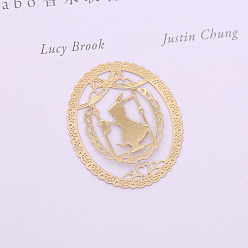 Rabbit Brass Hollow Bookmark, Oval, Golden, Rabbit Pattern, 28x25mm