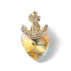 Yellow Real 18K Gold Plated Rack Plating Brass Micro Pave Clear Cubic Zirconia Pendants, with Glass, Long-Lasting Plated, Cadmium Free & Lead Free, Boat Anchor & Heart Charm, Yellow, 20x12x9mm, Hole: 6x2.5mm