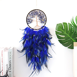 Sodalite Wire Wrapped Natural Sodalite Chip Tree of Life Hanging Decoration, for Home Decoration, Woven Net/Web with Feather, 600x160mm