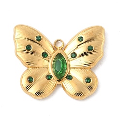 Изумруд 304 подвески из нержавеющей стали, со стразами, бабочки прелести, реальный 18 k позолоченный, изумруд, 17x21x3 мм, отверстие : 1.6 мм