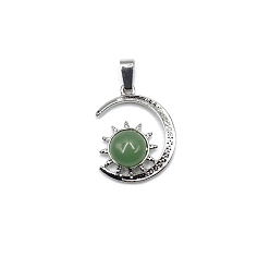 Green Aventurine Natural Green Aventurine Pendants, Antique Silver Plated Alloy Moon with Sun Charms, 28x22mm