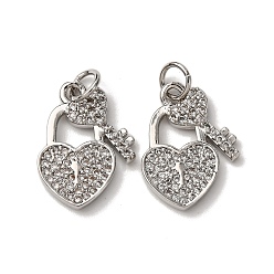 Платина Латунные микропаве прозрачные подвески с фианитом, замок и ключ в форме сердца, с целью перехода в кольце, стойки покрытие, долговечный, без свинца и без кадмия, платина, 17x12x2 мм, отверстие : 3.5 мм