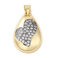 Clear Rack Plating Brass Micro Pave Cubic Zirconia Pendants, Cadmium Free & Lead Free, Long-Lasting Plated, Real 18K Gold Plated, Teardrop with Heart, Clear, 23x15x5mm, Hole: 5x3.5mm