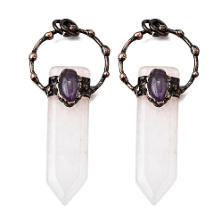 Хрусталь Большие подвески в форме меча из натурального кварцевого кристалла и аметиста, с медными кольцами, Красная медь, 66~73x30~31x11.5~12 мм, отверстие : 6 мм