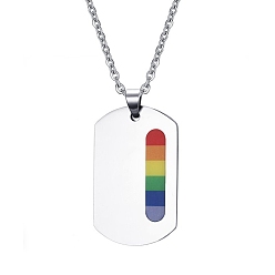 Stainless Steel Color Rainbow Color Pride Flag Enamel Rectangle Pendant Necklace, Titanium Steel Jewelry for Women, Stainless Steel Color, 19.69 inch(50cm)