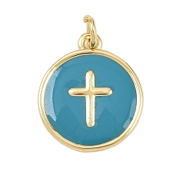 Светлый Морско-зеленый Латунь эмаль подвески, с целью перехода в кольце, плоские круглые с поперечными прелести, без свинца и без кадмия, долговечный, реальный 18 k позолоченный, стойки покрытие, светло-зеленый, 16.5x14x1.5 мм, отверстие : 2.5 мм