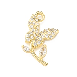 Real 18K Gold Plated Brass Micro Pave Cubic Zirconia Charms, Butterfly with Leaf Charm, Real 18K Gold Plated, 18x12x2.5mm, Hole: 1.6mm