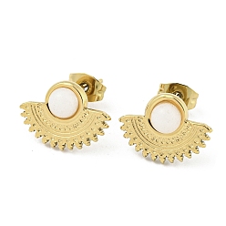 White Jade Real 18K Gold Plated 304 Stainless Steel Fan Stud Earrings, with Natural White Jade, 11.5x15.5mm