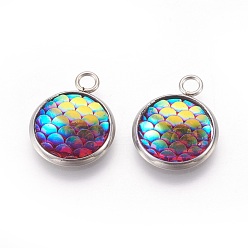 Deep Pink Resin Pendants, with 304 Stainless Steel Finding, Flat Round with Mermaid Fish Scale Shaped, Stainless Steel Color, Deep Pink, 18x14x3.5mm, Hole: 2mm