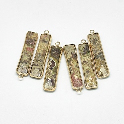 Kaki Foncé Pendentifs labradorite naturelle, avec les accessoires en laiton de tonalité d'or, facette, rectangle, kaki foncé, 46.5~47.5x10x4~6mm, Trou: 2mm