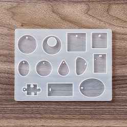 White Geometrical Shape & Puzzle Piece Pendant Silicone Molds, Resin Casting Molds, For DIY UV Resin, Epoxy Resin Earring Jewelry Making, White, 114x153x7mm, Hole: 2X2mm, 3x2mm, 4x2mm,  Inner Diameter: 25~40.5x17~30mm
