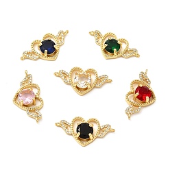 Mixed Color Rack Plating Brass Micro Pave Clear Cubic Zirconia Connector Charms, Heart with Wing Links, with Faceted Glass, Cadmium Free & Lead Free, Real 18K Gold Plated, Mixed Color, 14.3x28.5x6mm, Hole: 1.2mm
