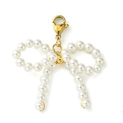 White Shell Pearl Bowknot Pendant Decorations, with 304 Stainless Steel Lobster Claw Clasps, White, 43mm