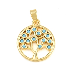 Sky Blue Summer Brass Micro Pave Cubic Zirconia Pendants, Flat Round with Tree Charms, Golden, Sky Blue, 18x15.5x2mm, Hole: 5x2mm