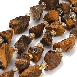 Tiger Eye Natural Tiger Eye Beads Strands, Raw Rough, Nuggets, with Seed Beads, 8~19x7~10x6~8mm, Hole: 1mm, about 28~30pcs/strand, 15.16''(38.5cm)~15.94''(40.5cm)