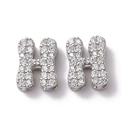 Letter H 925 Sterling Silver Micro Pave Cubic Zirconia Beads, Real Platinum Plated, Letter H, 9x7x3.5mm, Hole: 2.5x1.5mm