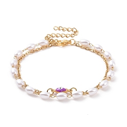 Темная Орхидея Вакуумное покрытие pvd 304 многорядные браслеты из нержавеющей стали, с рисовыми пластиковыми бусинами и эмалевыми звеньями, рука хамсы / рука мириам со сглазом, золотые, темные орхидеи, 6-3/8 дюйм (16.1 см)