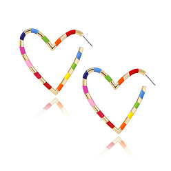 Colorful Enamel Heart Stud Earrings, Alloy Wire Wrap Jewelry for Women, Colorful, 47x47mm