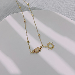 Пейзажный Джаспер Натуральная картина яшма и нержавеющая сталь солнце кулон шариковая цепочка ожерелья для женщин, золотые