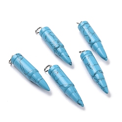 Synthetic Turquoise Synthetic Turquoise Pointed Pendants, with 201 Stainless Steel Split Rings, Bullet, Stainless Steel Color, 42~46x10mm, Hole: 5mm