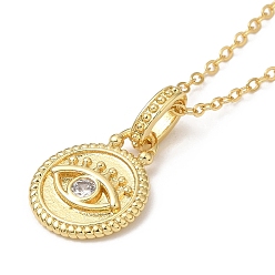 Golden Brass Micro Pave Clear Cubic Zirconia Pendants Necklaces for Women, Flat Round with Evil Eye, Golden, 17.52 inch(44.5cm)