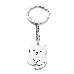 Cat Shape Animal 304 Stainless Steel Pendant Keychains, with Key Ring, Stainless Steel Color, Cat Shape, 8.1cm