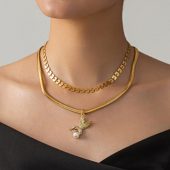 Золотой Винтажные латунные микропаве прозрачные кубические цирконии подвеска птица двухслойные ожерелья для женщин, золотые, 17.72 дюйм (45 см)