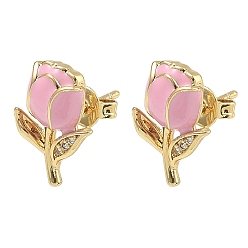 Pink Женские серьги-гвоздики из латуни с микропаве и прозрачным кубическим цирконием, тюльпан, с эмалью, стойки покрытие, долговечный, без кадмия и без свинца, реальный 18 k позолоченный, розовые, 13.2x8.5 мм