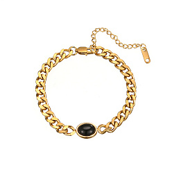 Black Golden Stainless Steel Oval Link Bracelets, with Cuban Link Chains, Black, no size