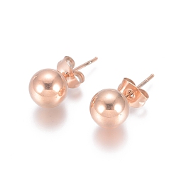 Rose Gold Ion Plating(IP) 304 Stainless Steel Stud Earrings, Ball Stud Earrings, with Earring Backs, Rose Gold, 19x8mm, Pin: 0.8mm