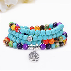 Tree of Life - 108 pieces of turquoise Colorful Natural Stone Yoga OM Tree Lotus Charm Bracelet with 108 Turquoise Beads