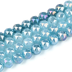 Светло-Синий Антикоррозийные гальванические стеклянные бусины, круглые, имитация нефрита, градиент цвета, граненые, голубой, 7.5~8 мм, отверстие : 1.2~1.5 мм, около 52~53 шт / нитка, 14.96~15.16 дюйм (38~38.5 см)